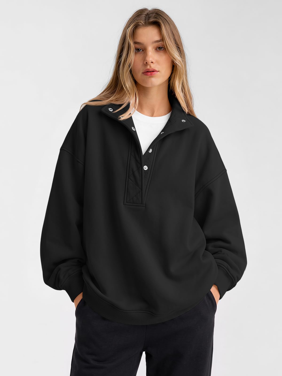 Trendy Queen Womens Oversized Sweatshirts with Snap Button Henley Collar