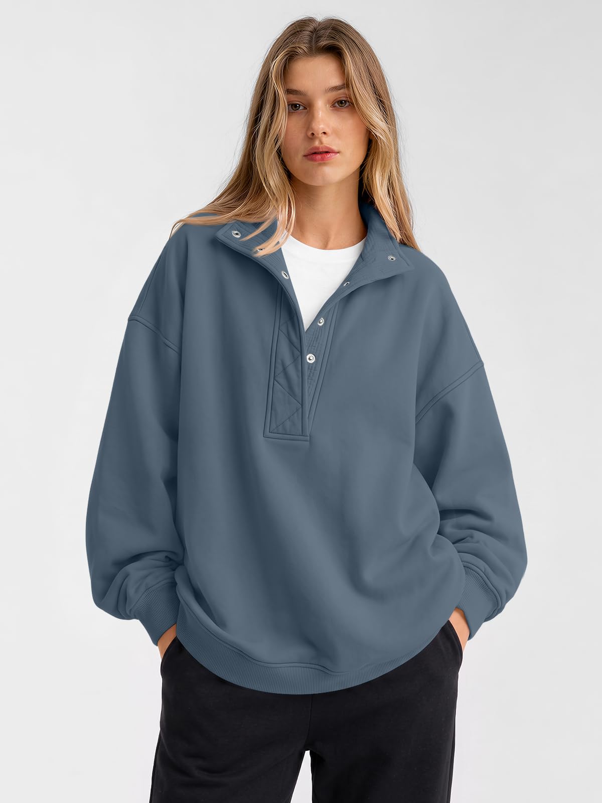 Trendy Queen Womens Oversized Sweatshirts with Snap Button Henley Collar
