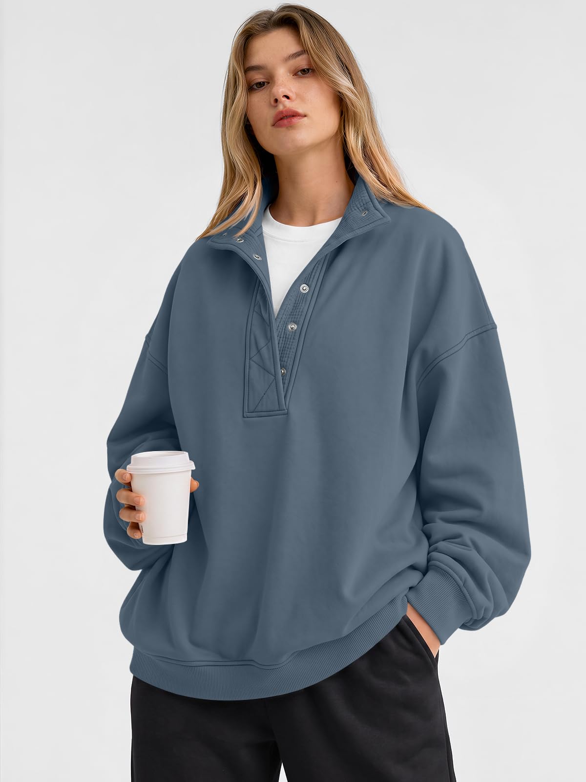 Trendy Queen Womens Oversized Sweatshirts with Snap Button Henley Collar