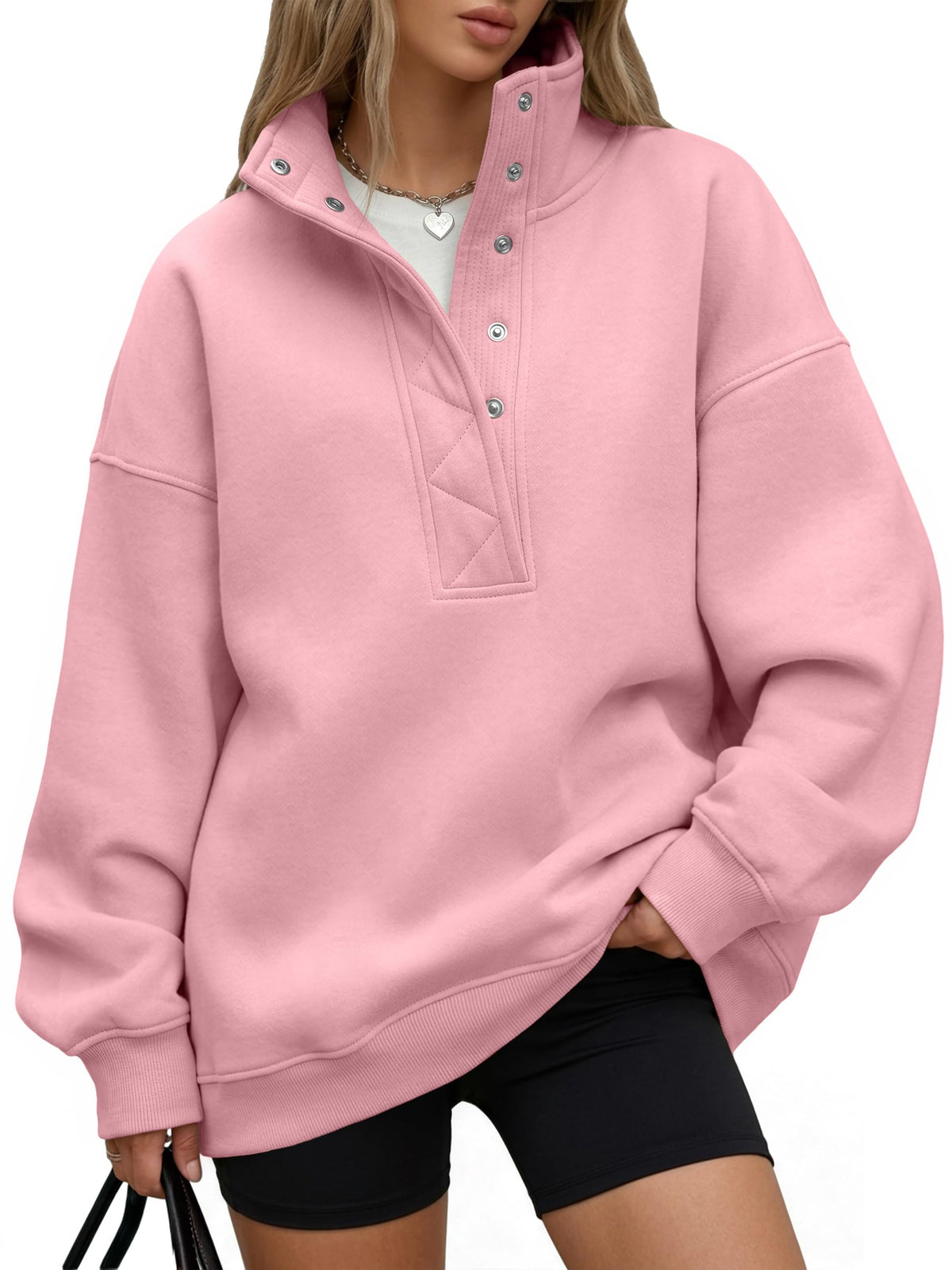 Trendy Queen Womens Oversized Sweatshirts with Snap Button Henley Collar