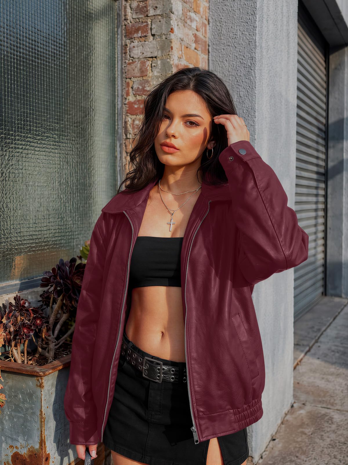 AUTOMET Women's Oversized Faux Leather Jacket