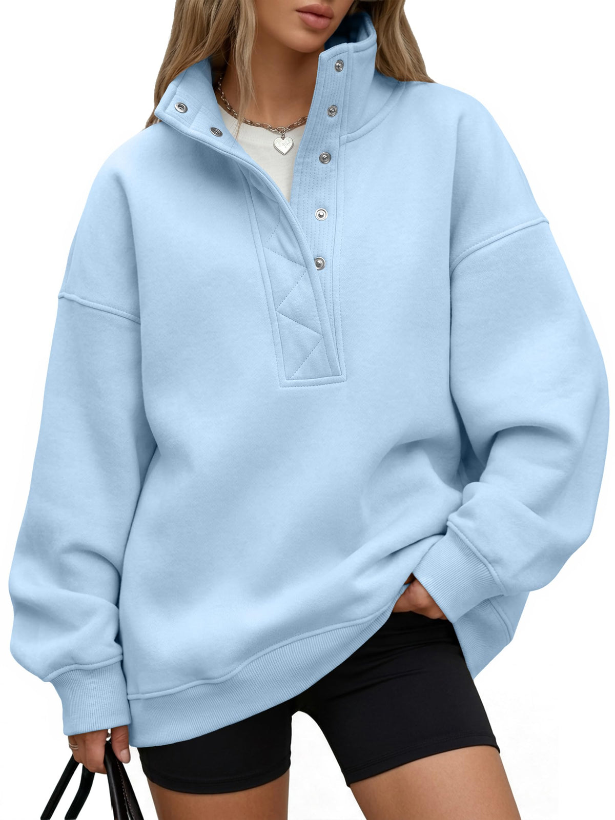 Trendy Queen Womens Oversized Sweatshirts with Snap Button Henley Collar
