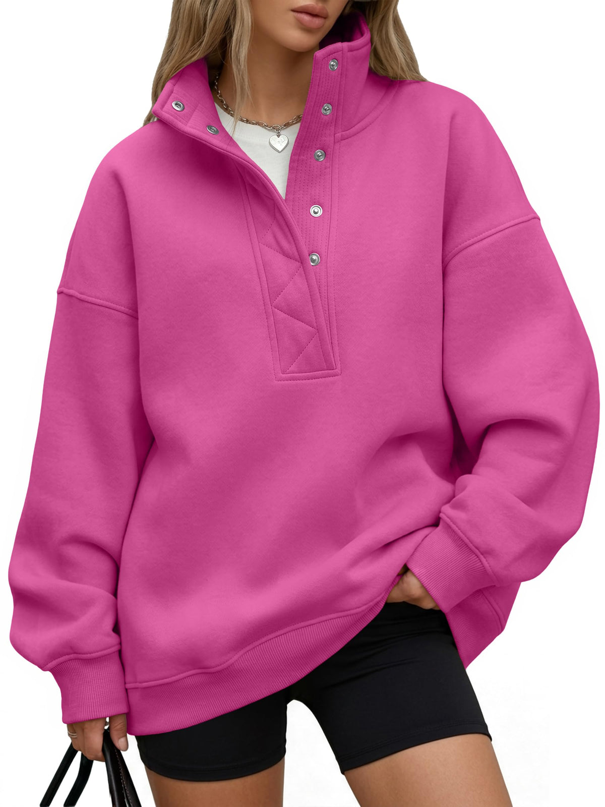 Trendy Queen Womens Oversized Sweatshirts with Snap Button Henley Collar