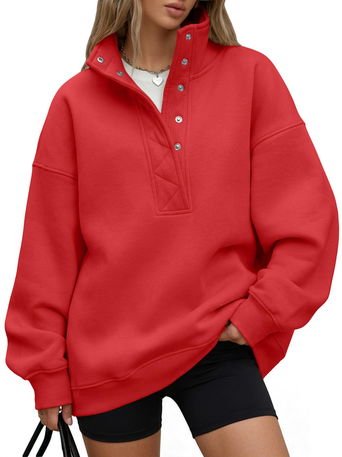 Trendy Queen Womens Oversized Sweatshirts with Snap Button Henley Collar