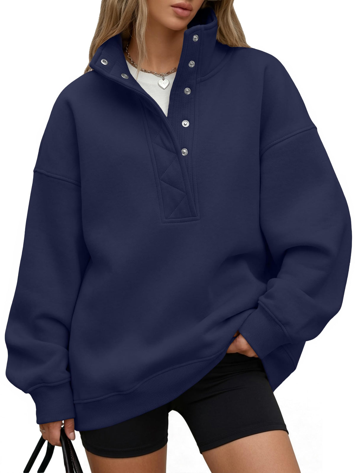 Trendy Queen Womens Oversized Sweatshirts with Snap Button Henley Collar