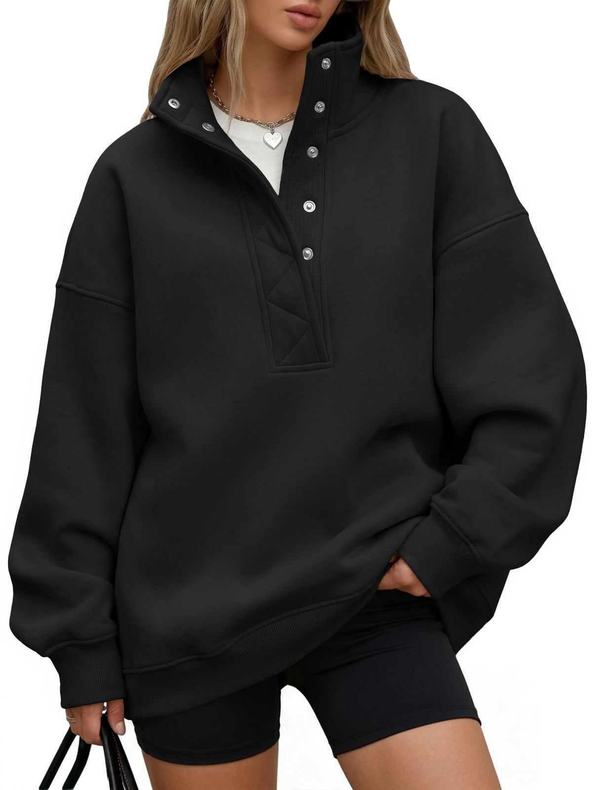 Trendy Queen Womens Oversized Sweatshirts with Snap Button Henley Collar