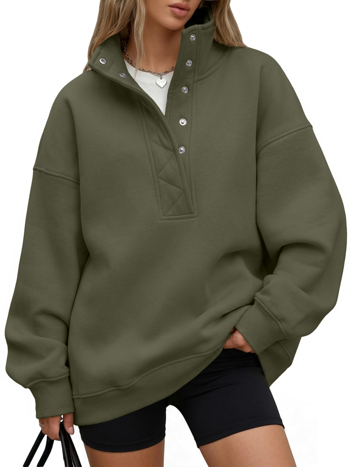 Trendy Queen Womens Oversized Sweatshirts with Snap Button Henley Collar