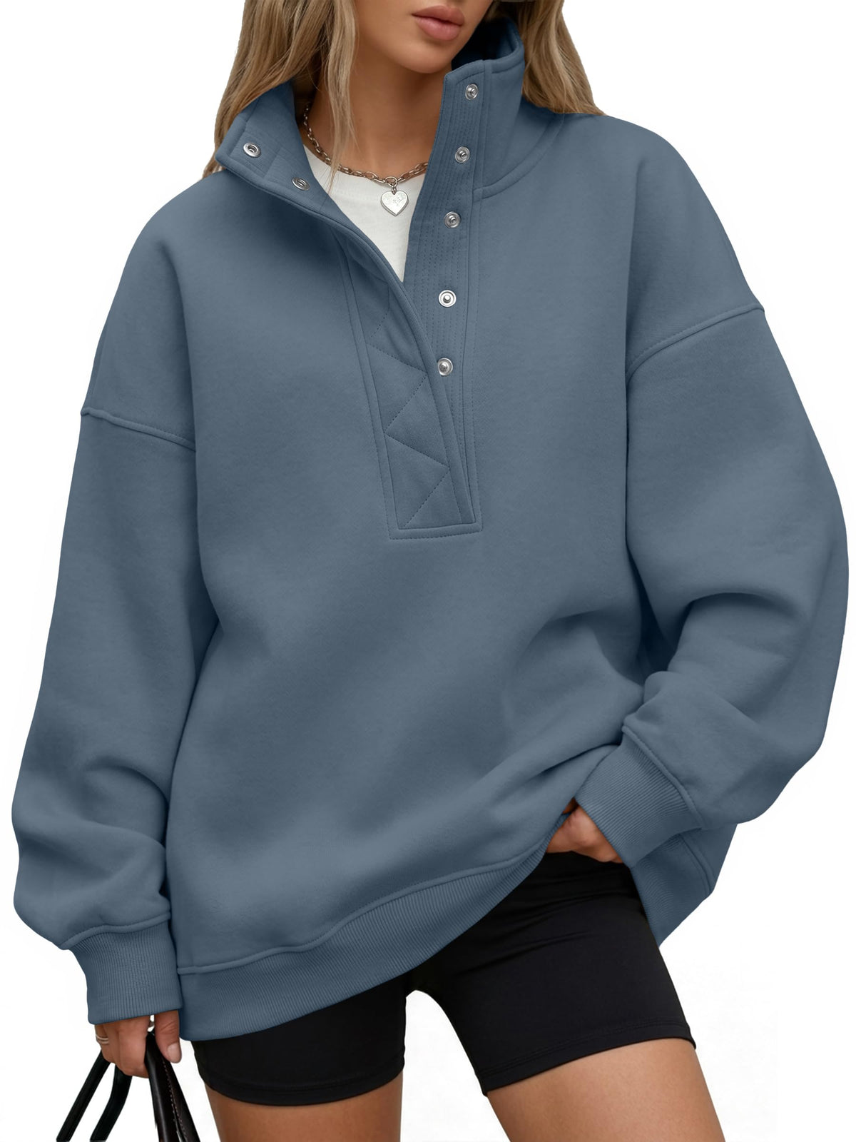 Trendy Queen Womens Oversized Sweatshirts with Snap Button Henley Collar