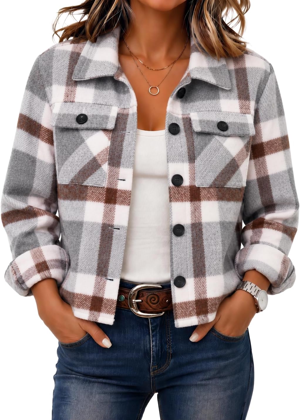 Zeagoo Women's Cropped Plaid Flannel Jacket