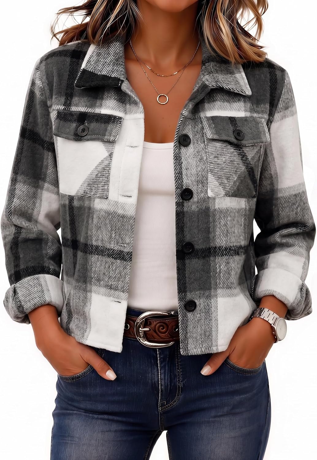 Zeagoo Women's Cropped Plaid Flannel Jacket