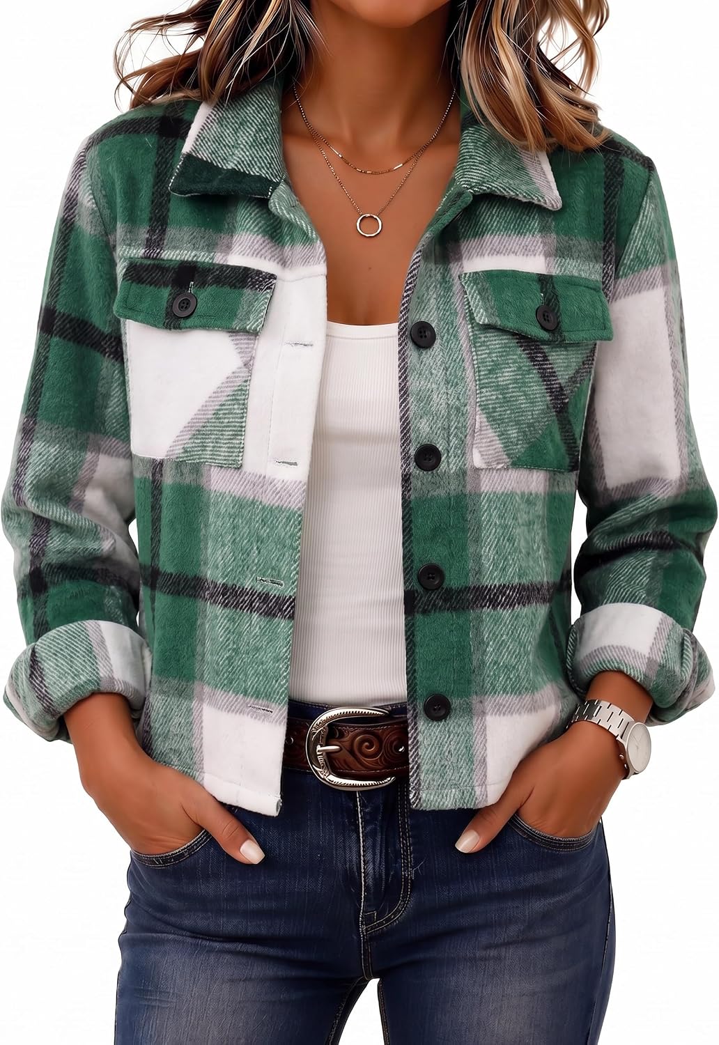Zeagoo Women's Cropped Plaid Flannel Jacket