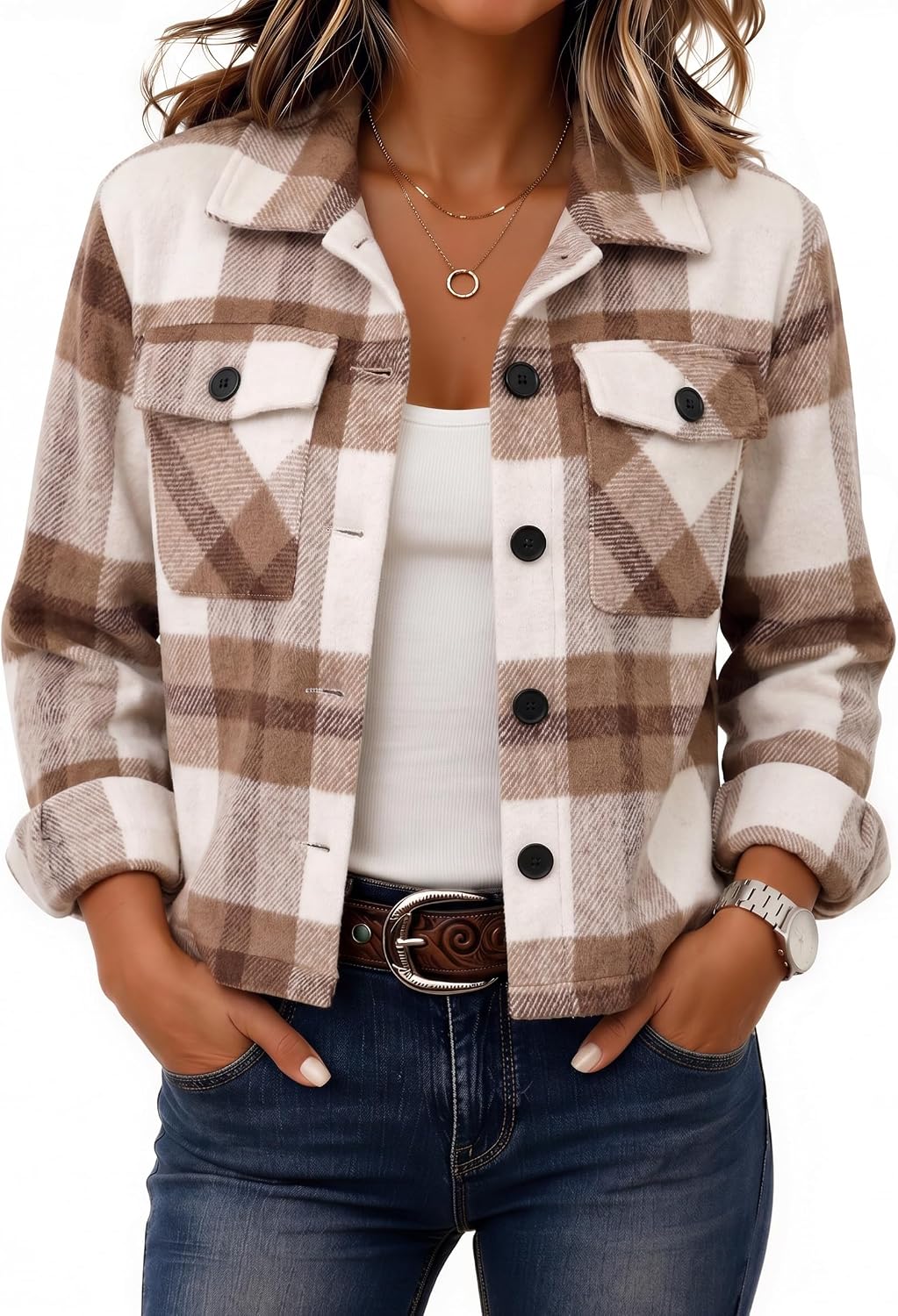 Zeagoo Women's Cropped Plaid Flannel Jacket