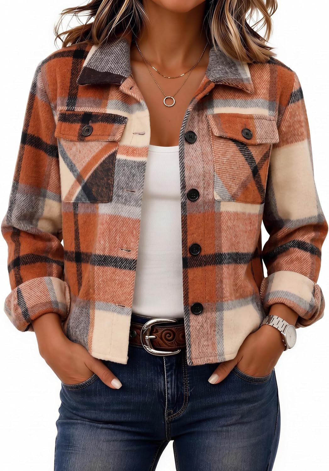 Zeagoo Women's Cropped Plaid Flannel Jacket