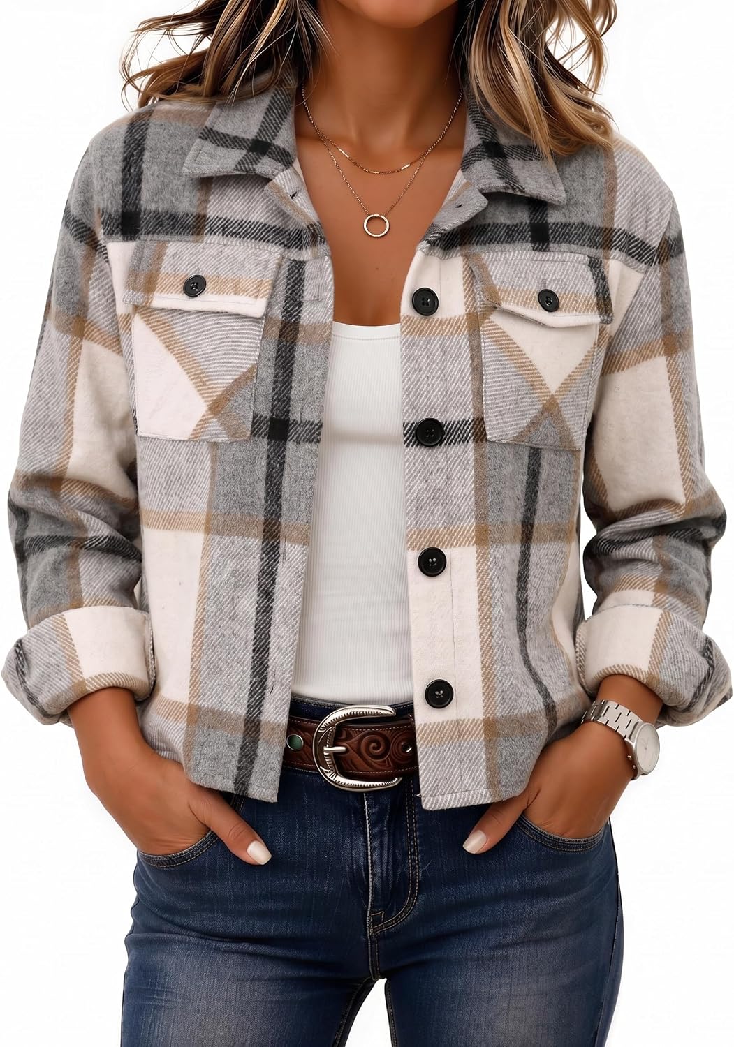 Zeagoo Women's Cropped Plaid Flannel Jacket