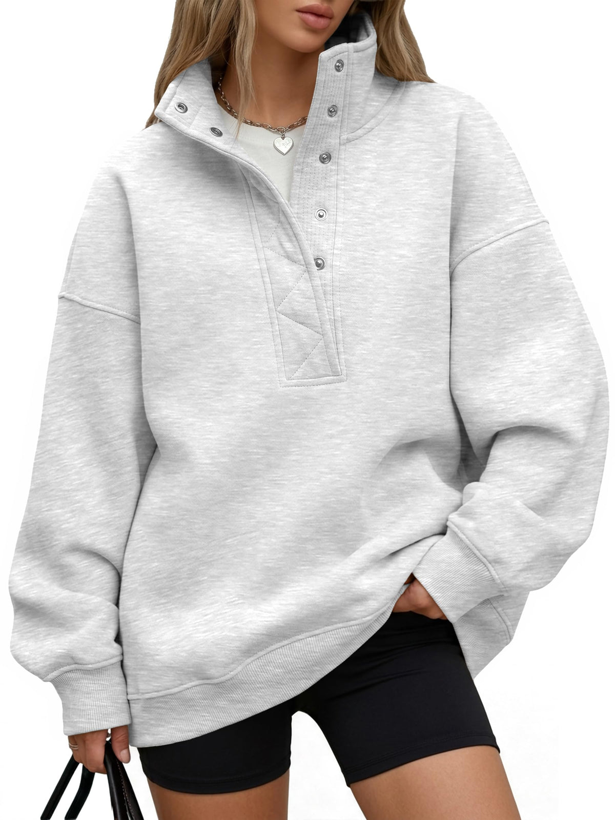 Trendy Queen Womens Oversized Sweatshirts with Snap Button Henley Collar