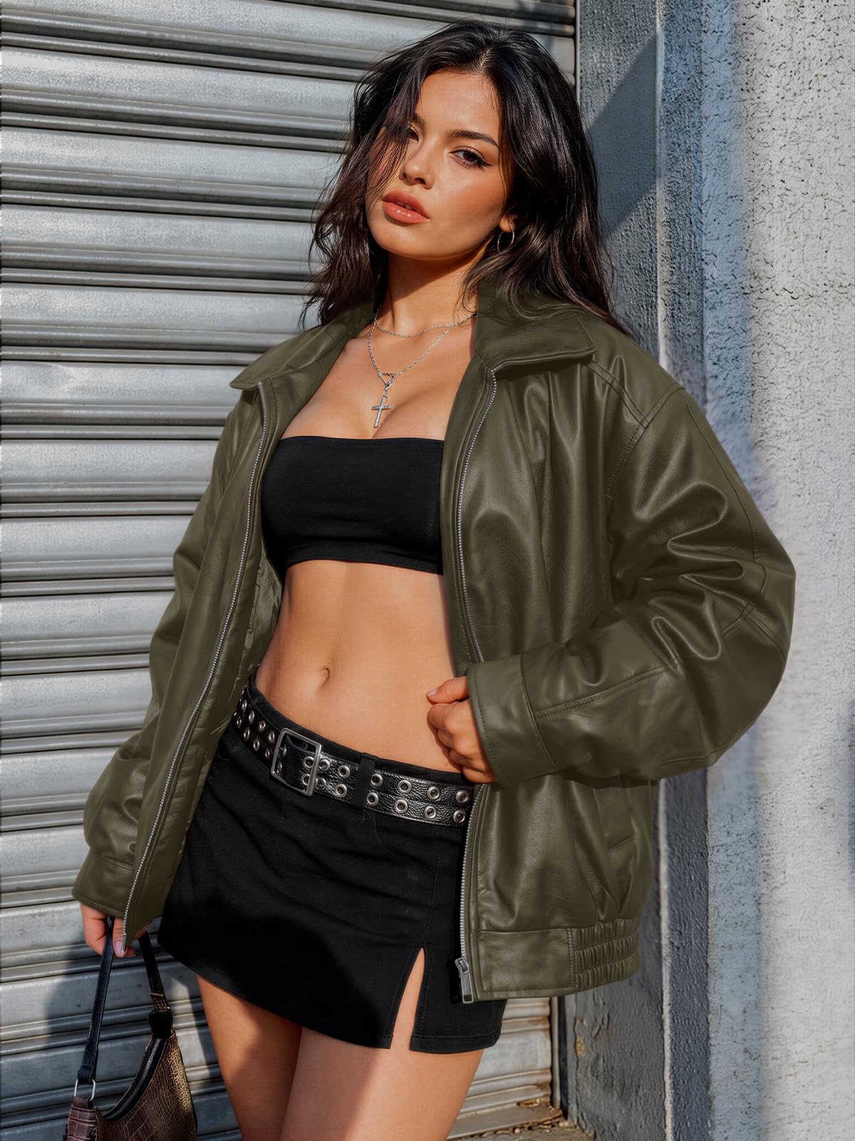 AUTOMET Women's Oversized Faux Leather Jacket