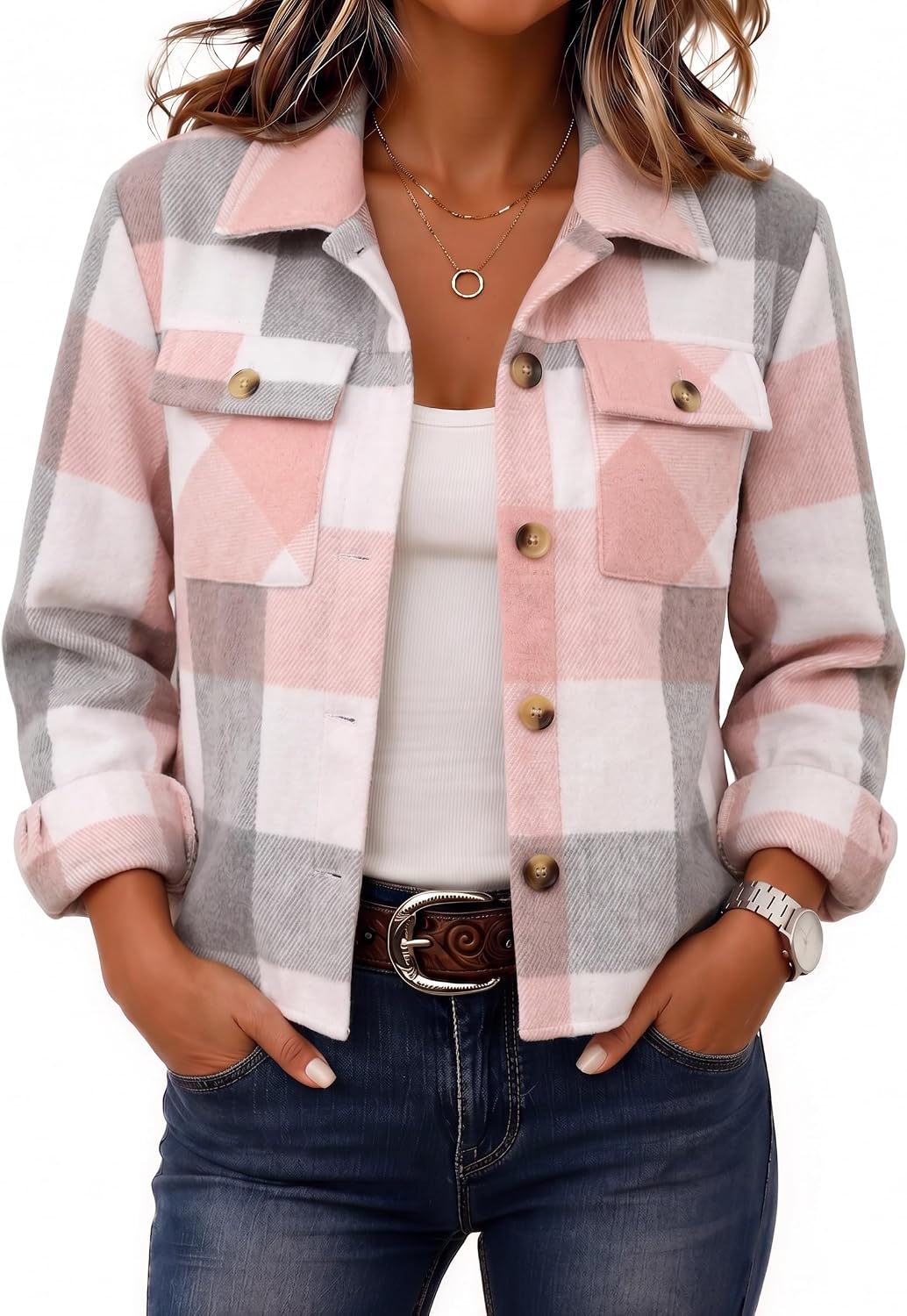 Zeagoo Women's Cropped Plaid Flannel Jacket