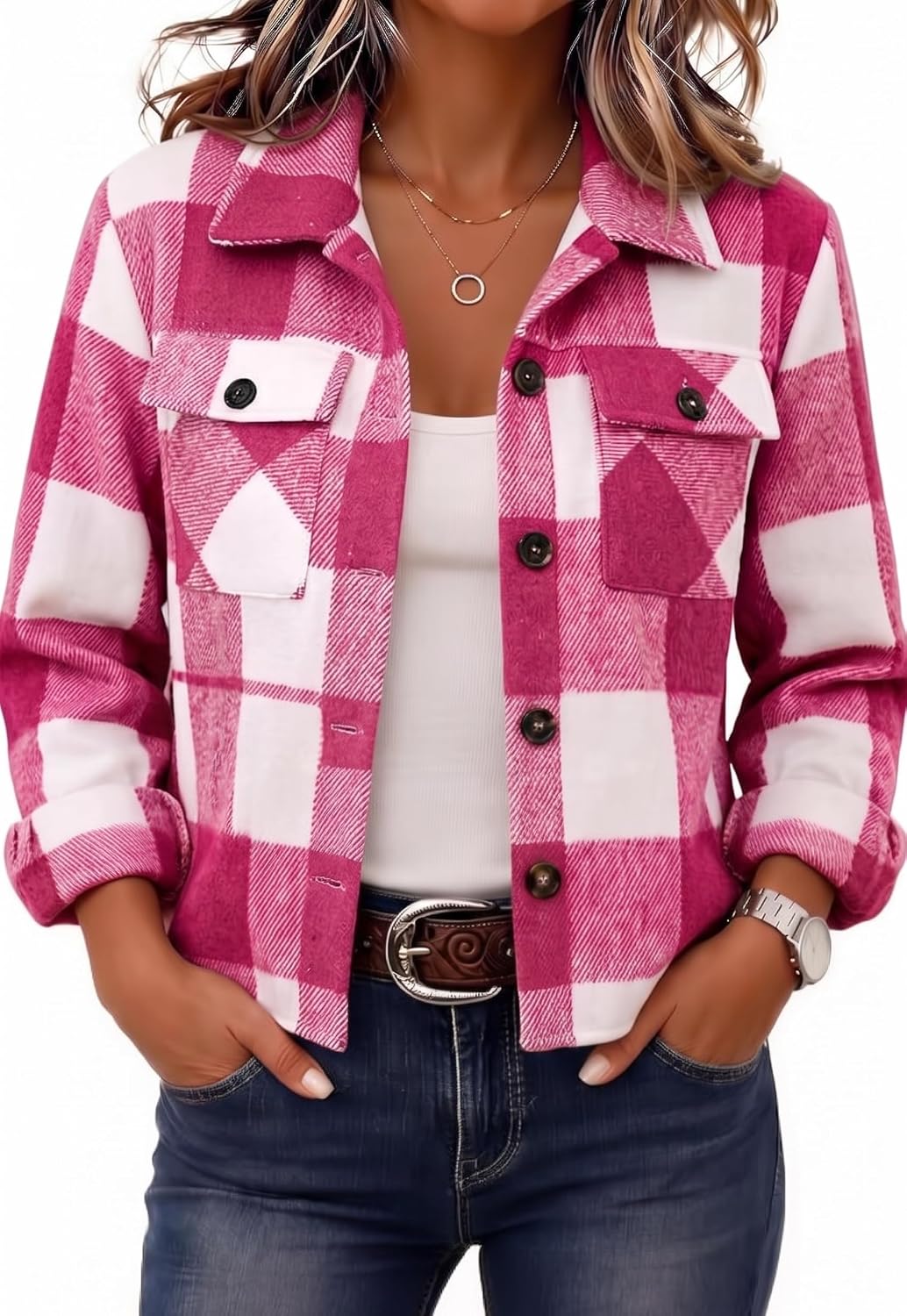 Zeagoo Women's Cropped Plaid Flannel Jacket