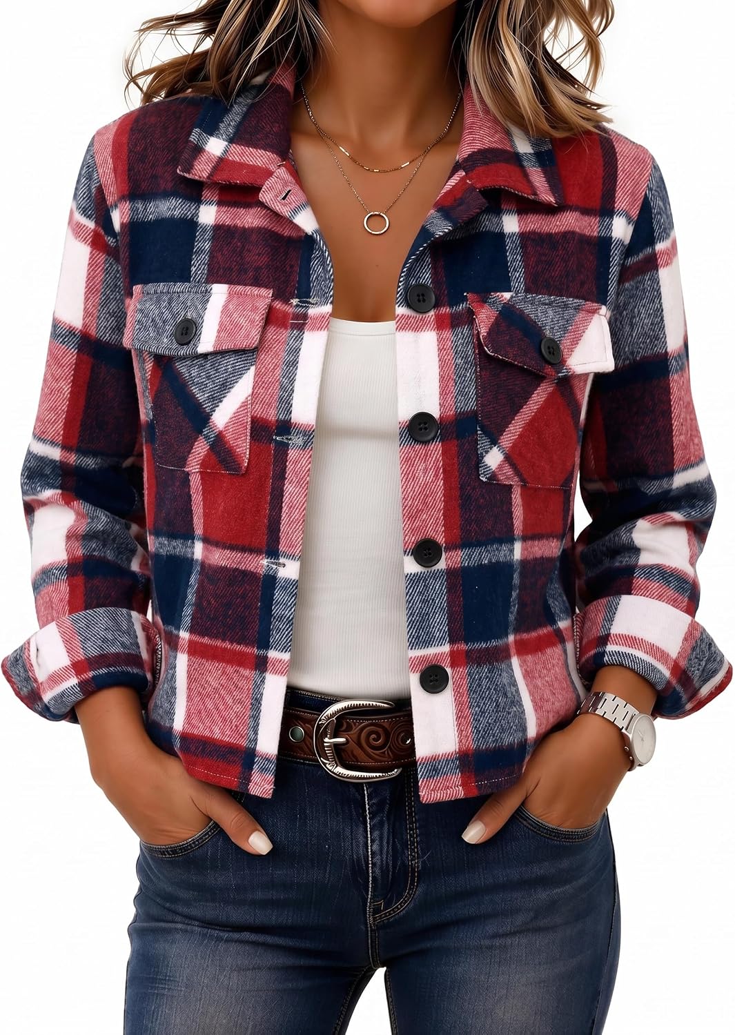 Zeagoo Women's Cropped Plaid Flannel Jacket