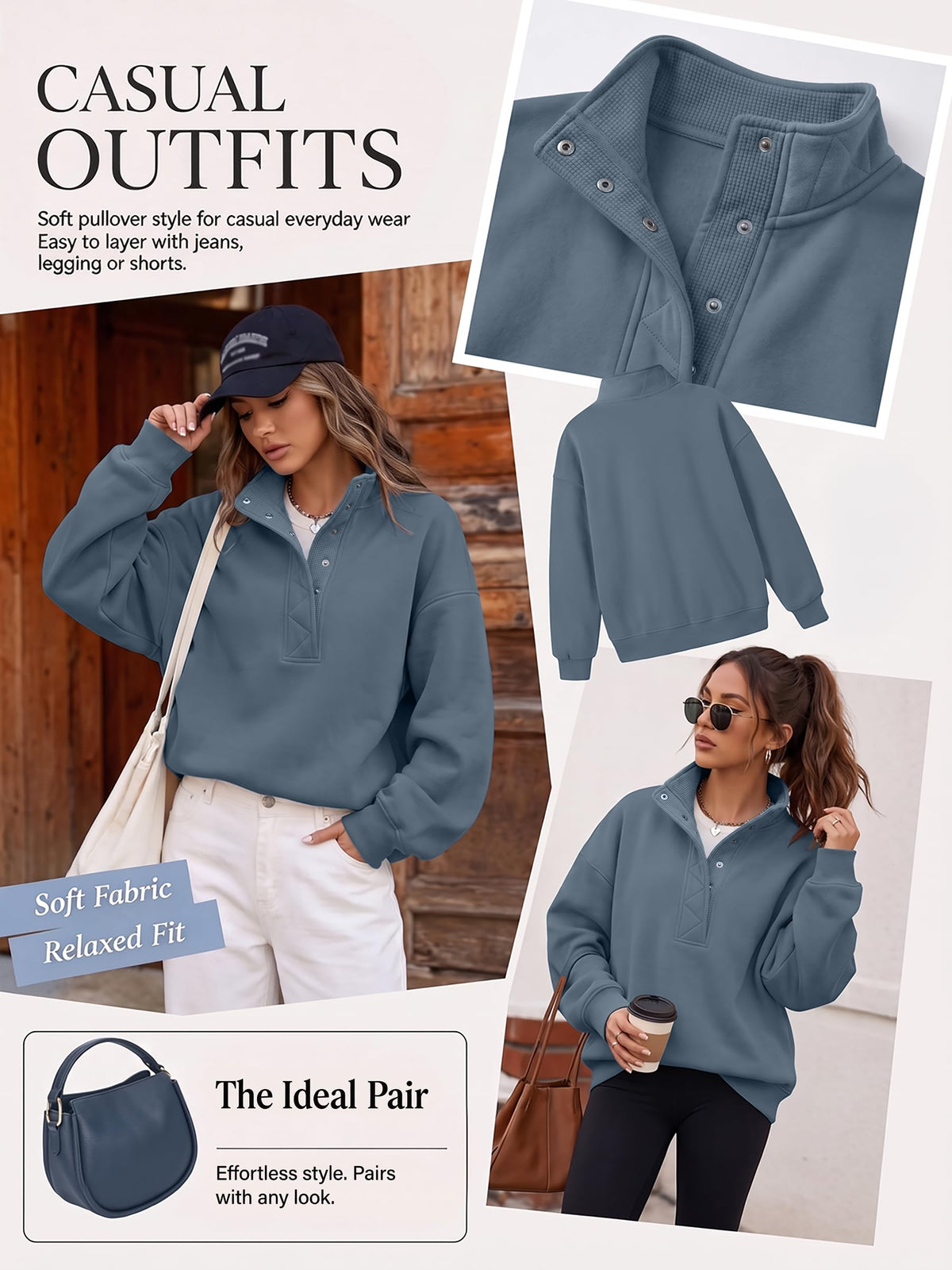 Trendy Queen Womens Oversized Sweatshirts with Snap Button Henley Collar