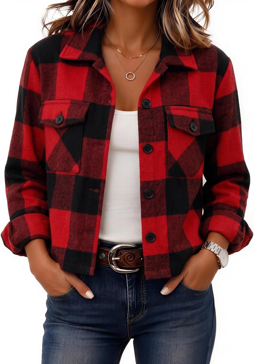 Zeagoo Women's Cropped Plaid Flannel Jacket