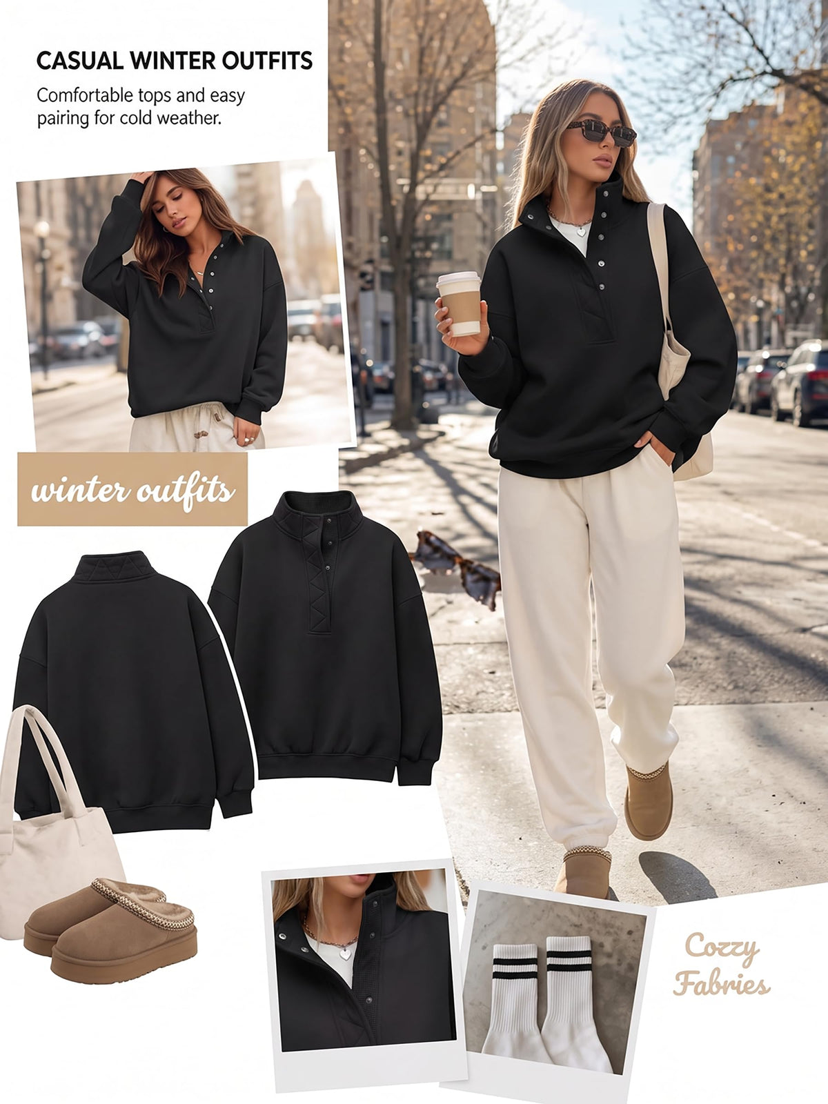 Trendy Queen Womens Oversized Sweatshirts with Snap Button Henley Collar