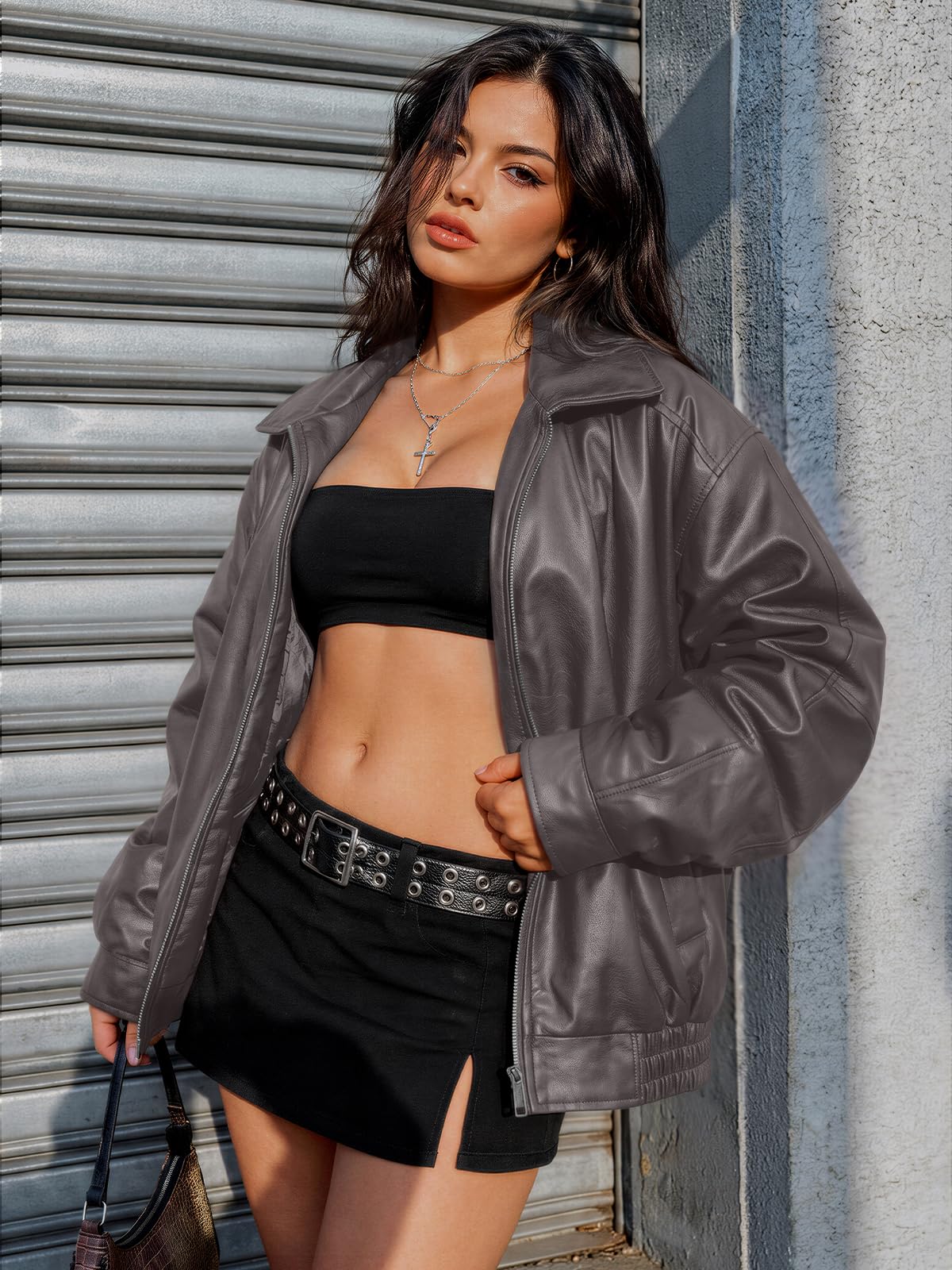 AUTOMET Women's Oversized Faux Leather Jacket