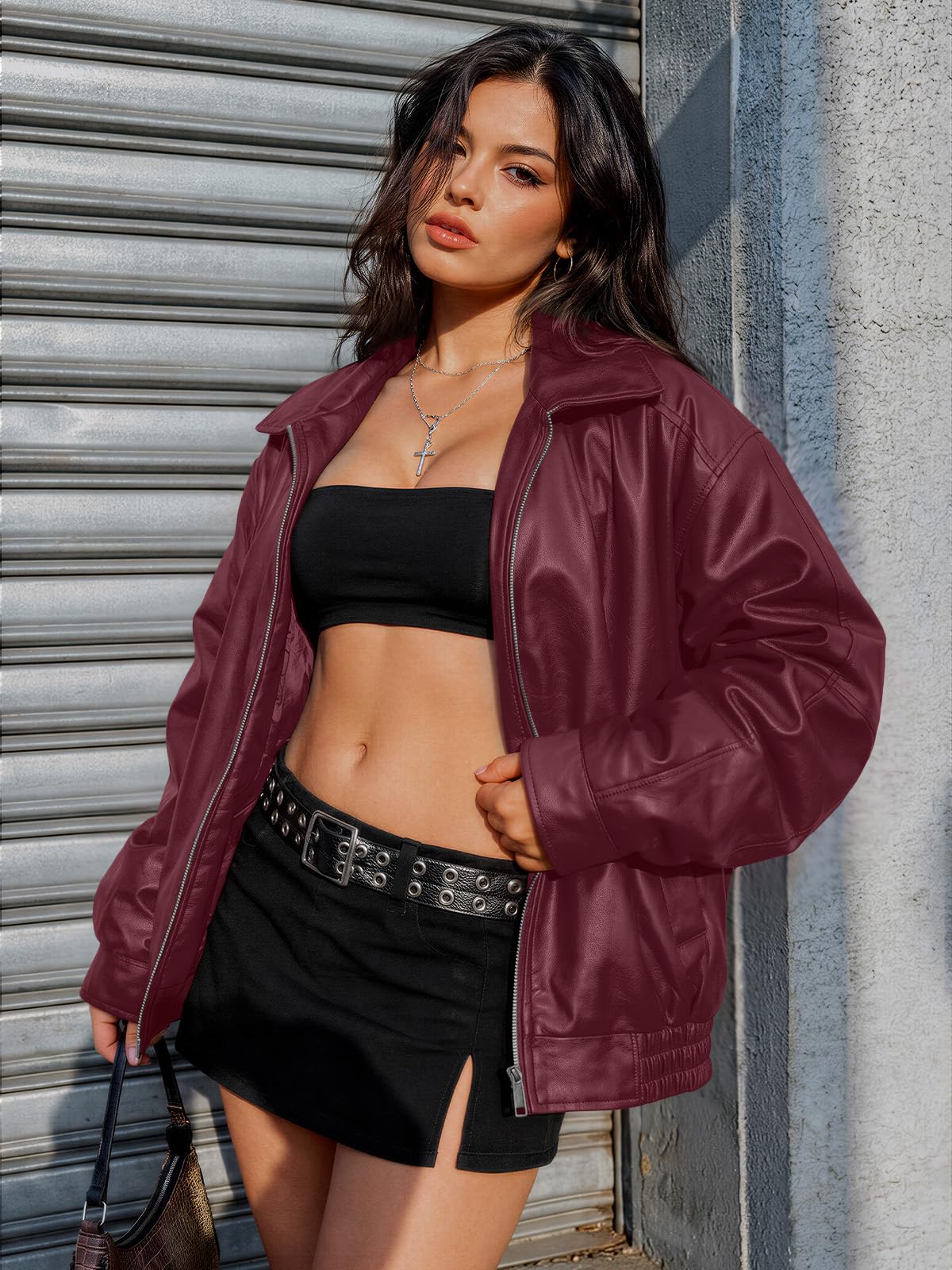 AUTOMET Women's Oversized Faux Leather Jacket