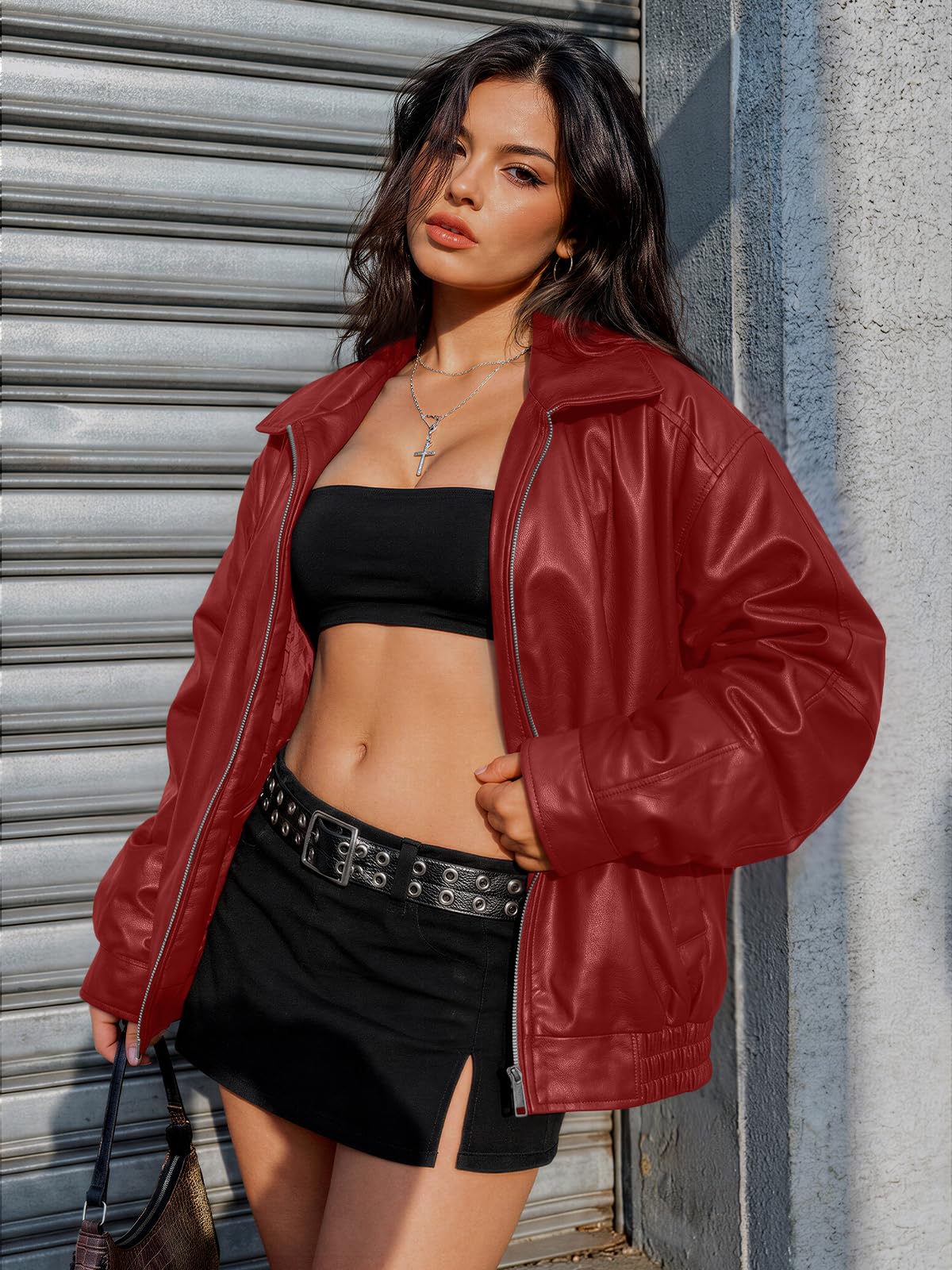 AUTOMET Women's Oversized Faux Leather Jacket