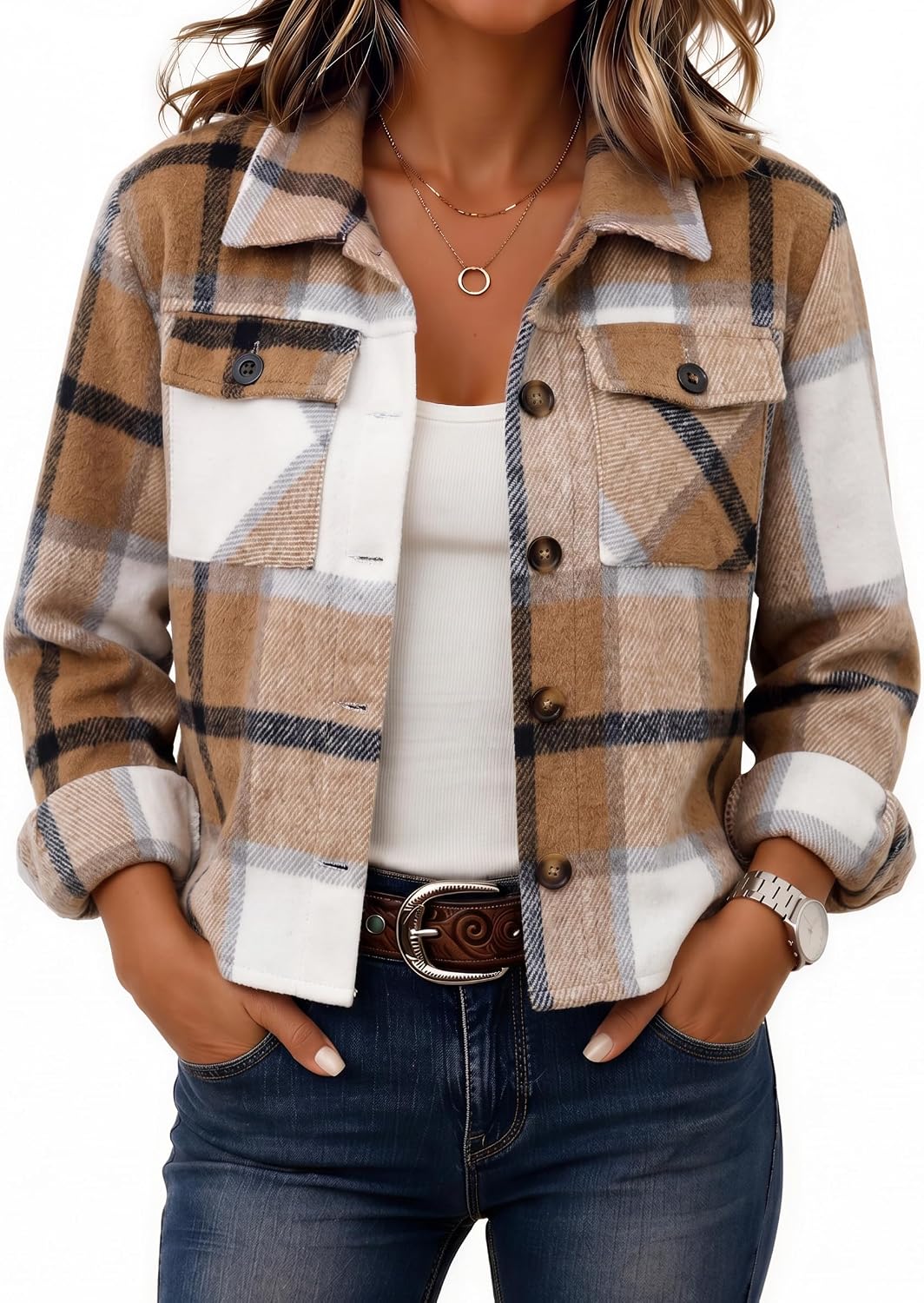 Zeagoo Women's Cropped Plaid Flannel Jacket