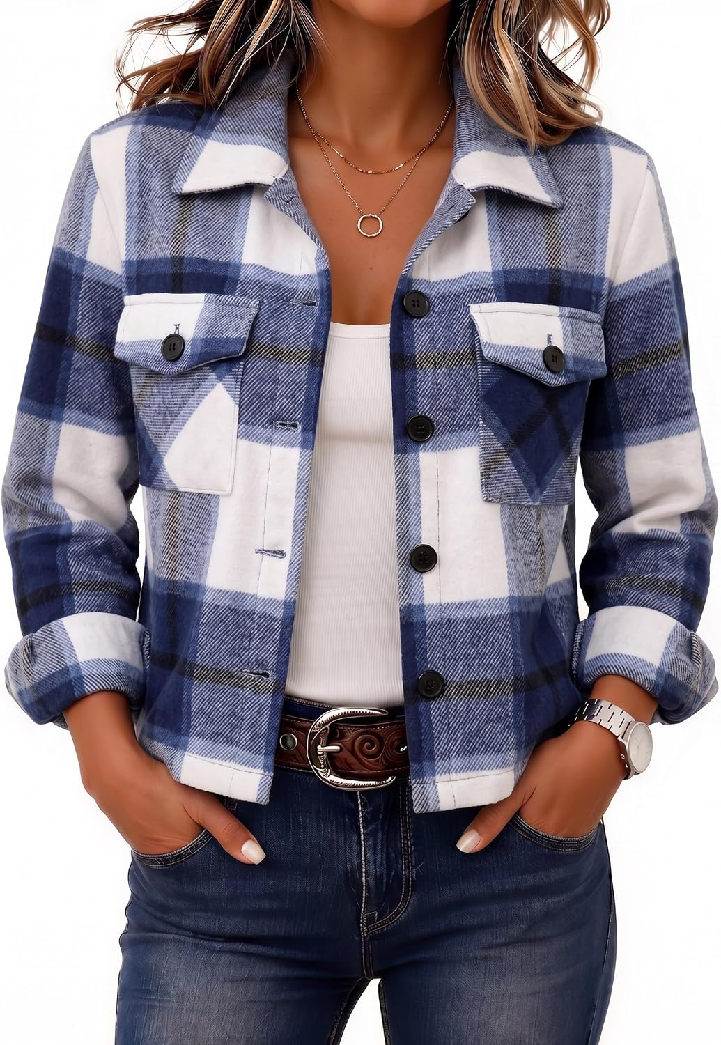 Zeagoo Women's Cropped Plaid Flannel Jacket