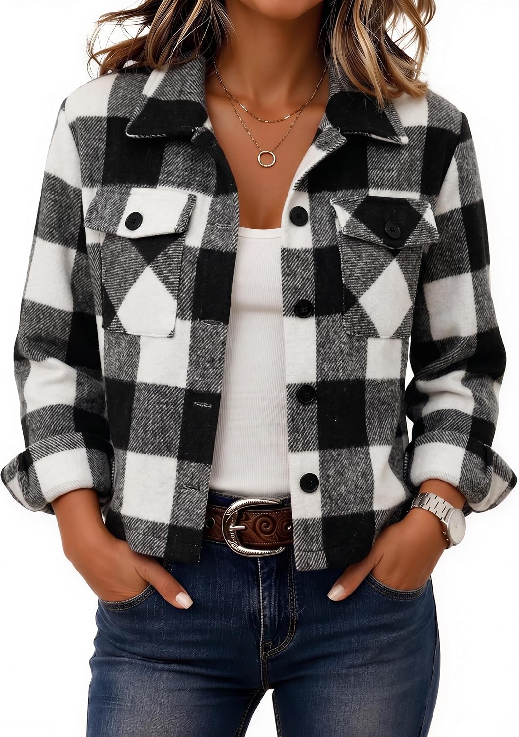 Zeagoo Women's Cropped Plaid Flannel Jacket