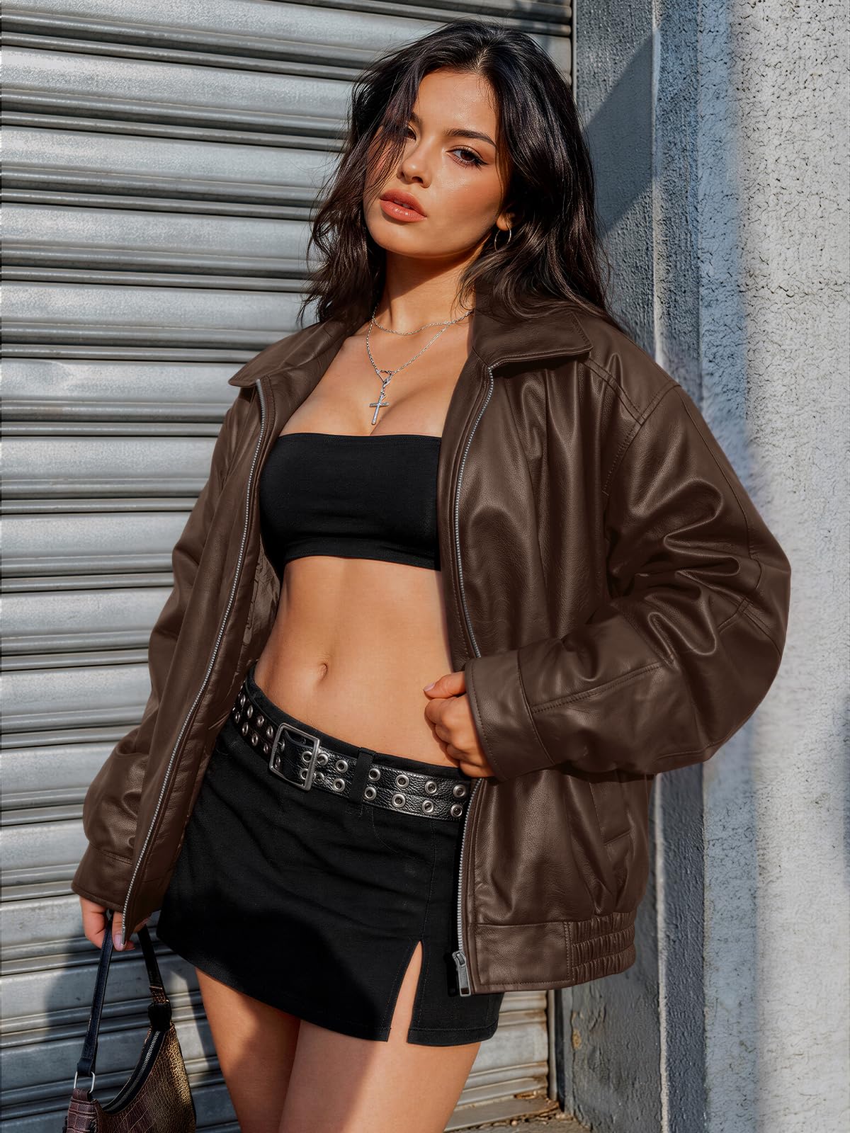 AUTOMET Women's Oversized Faux Leather Jacket