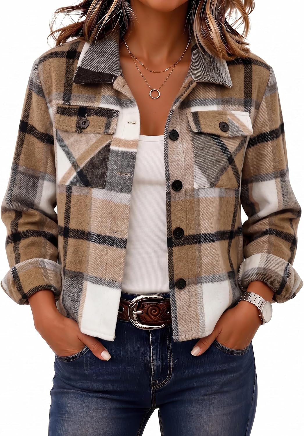 Zeagoo Women's Cropped Plaid Flannel Jacket