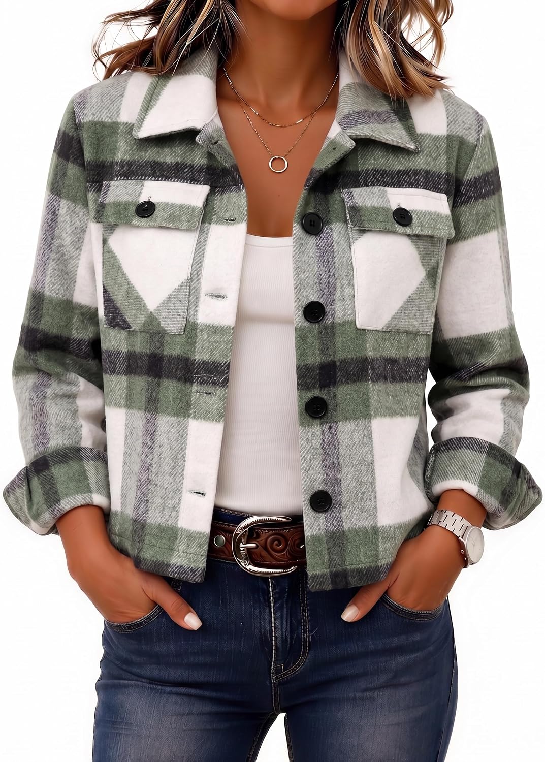 Zeagoo Women's Cropped Plaid Flannel Jacket
