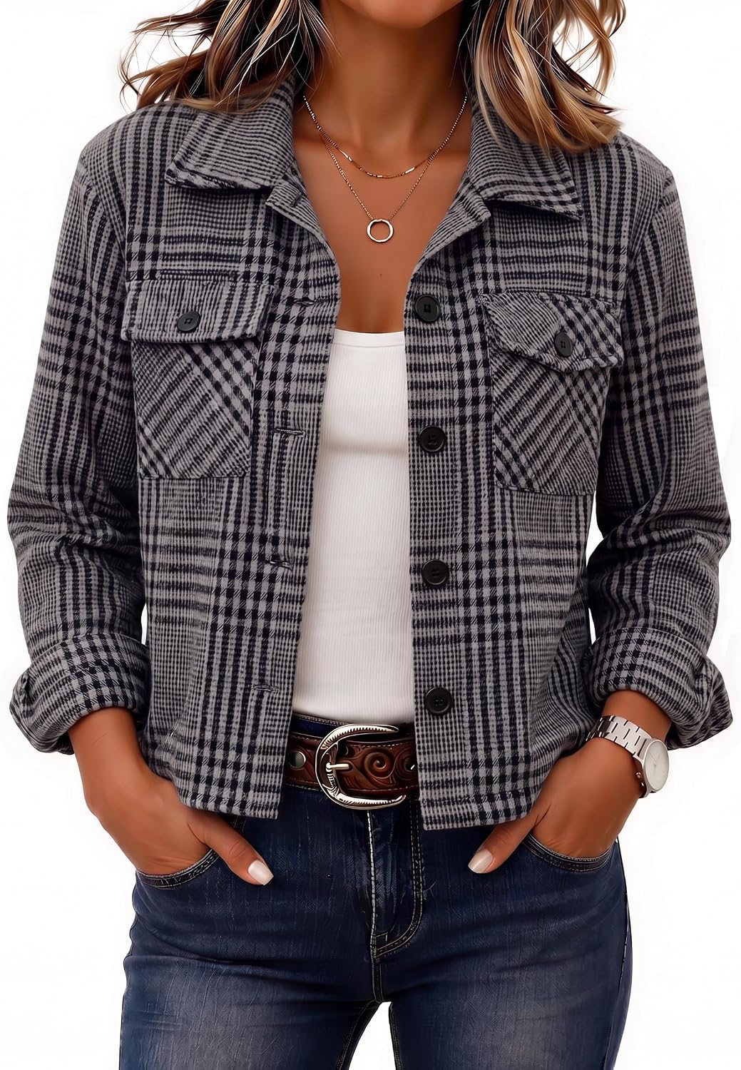 Zeagoo Women's Cropped Plaid Flannel Jacket